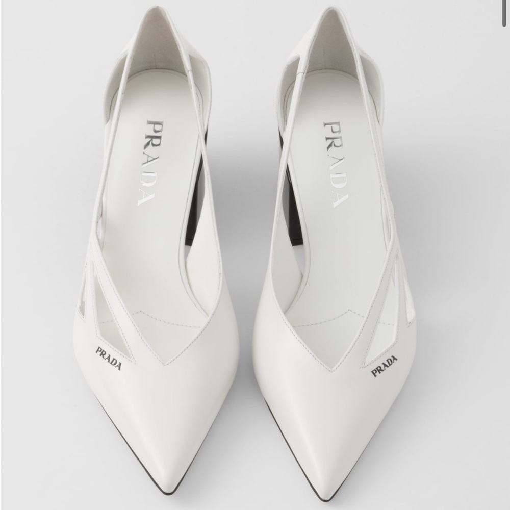 Prada White Leather Cut Out Pointed Toe Block Heel Pumps Size 37